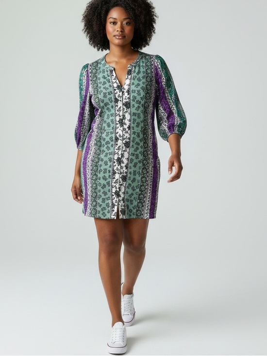 LOFT Dresses & Skirts - LOFT purple and green vertical-striped floral boho tunic dress size 12P
